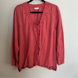 J. Jill Red Long Sleeve Lace Up Tunic Blouse Women's size L